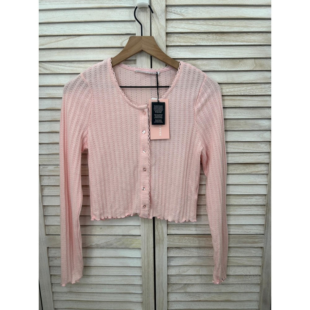 Celebrity Pink Pointelle Cardigan M Pink Womens Cropped Scalloped Trim
